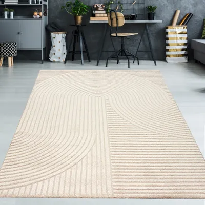 A modern living room or office space with a rug as the main focus.