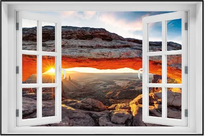 Produktbild von Wallario Wandbild mit Fenster-Illusion: Sonnenstrahl am Horizont  Leuchtende Felsspalte, Größe: 61 x 91,5 cm, Poster mit schwarzem Aluminiumrahmen