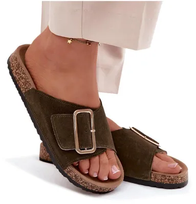 Produktbild von Leder Wildleder Damenpantoffeln mit Schnalle Dunkelgrün Beryl 38