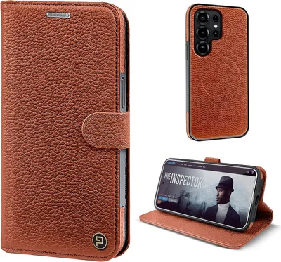 Produktbild von Echtleder Handyhülle für Samsung Galaxy S25 Ultra RFID Schutz Cover Leder Hülle Magnetring 2-in-1 Bumper abnehmbar Farbe: Braun