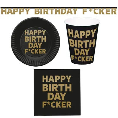 Produktbild von 37-teiliges Happy Birthday F*cker Party-Set inkl. Pappteller, Pappbecher, Servietten und Girlande