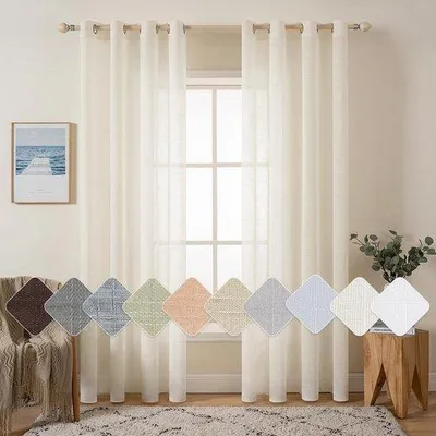 Immagine prodotto di Set di 2 tende trasparenti Unyqoos®, aspetto lino, con passanti, 140 x 260 cm, 100% poliestere, colore avorio, ideali per soggiorno e camera da letto