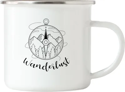 Produktbild von Wanderlust Emaille Tasse Camping Reisen Abenteuerlust Kompass Urlaub