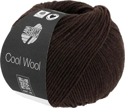A ball of dark brown yarn with a black label.