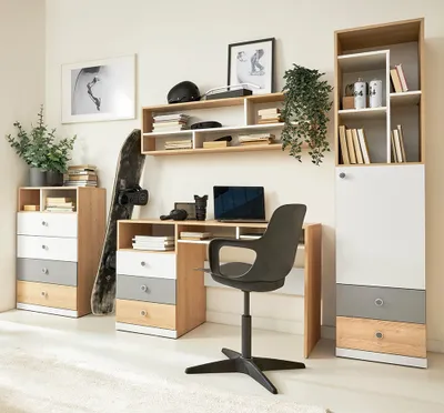 Produktbild von Jugendzimmer Schreibtisch Set in Eiche mit weiß und grau PINETO-133, 4-teilig