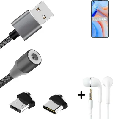Produktbild von K-S-Trade® Hochwertiges Magnet-Lade-kabel Sync-Kabel Daten-Kabel + Kopfhörer kompatibel mit Oppo K7x mit USB-Typ-C-Anschluss und Micro-USB-Anschluss