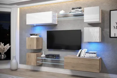 Produktbild von Furnitech Wohnwand Wohnzimmer - Wohnzimmer Möbel mit LED RGB - 16 Farben - Hängend Wohnwand Modern - Regale und TV Schrank (AN65N-21WS-HGM11)