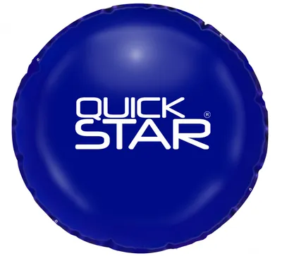 A blue round pool cushion with the brand name "QUICK STAR" printed on it.