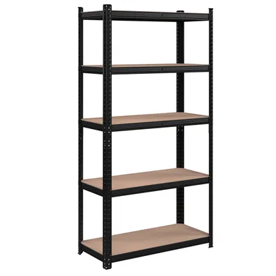 A black metal shelving unit with five wooden shelves, presented against a white background.