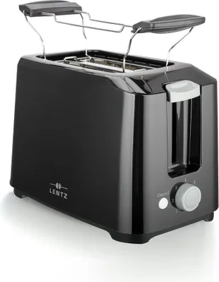 A black two-slice toaster with a chrome bun warmer on top.