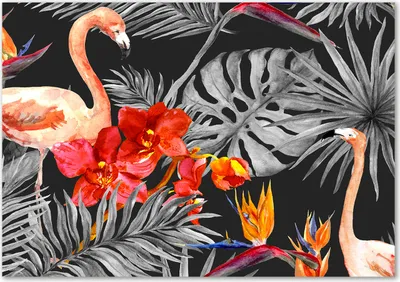 Produktbild von Tulup® Leinwandbild - 100x70 cm - Wandkunst - Drucke auf Leinwand - Leinwanddruck  - Tiere - Rot - Flamingos Blumen