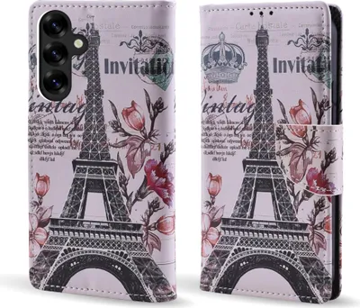 A product image showing two views of a phone case with an Eiffel Tower and floral design.