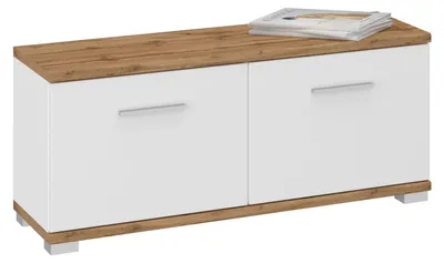 Produktbild von Sitzbank BILBAO mit 2 Türen & 4 Fächern in WOTAN Eiche/Weiß, belastbar bis 100 kg Schuhregal mit Sitzfläche Schuhbank Garderobenbank Flurmöbel