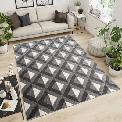 Produktbild von Teppich Wohnzimmer Schlafzimmer Kurzflor Modern Design Geometrisch Marokkanisch Karo Kariert Zig Zag Creme Grau  140 x 190 cm