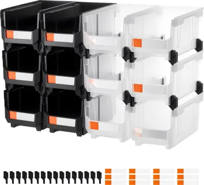 Produktbild von Sichtlagerboxen - Stapelboxen 12er-Set - 37,7 x 21,5 x 18 cm - Offene Sichtfront - Für Kleinteile & Bürobedarf - Werkstatt & Lager - Schwarz/Transparent