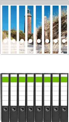 Produktbild von Wallario 8 Stück schmale Ordner inkl. Klebeetiketten mit Motive Möwe am Strand mit Leuchtturm -  Set mit Rückenschildern / Ordnerrücken Stickern
