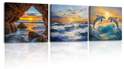 3er-Set Leinwandbilder Ozean & Tiere, moderne Wandkunst, 30x30 cm