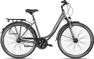 A studio shot of a gray city bike against a white background.