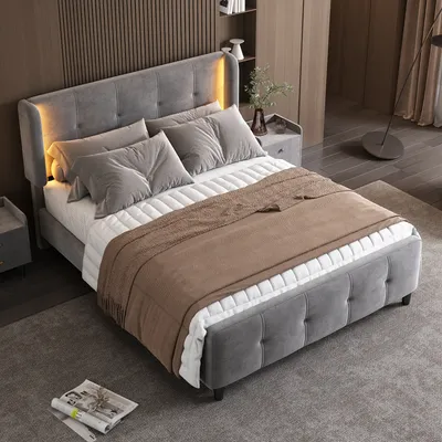 Produktbild von MODFU Polsterbett Funktionelles 140x200 mit Matratze,Doppelbett Jugendbett mit 16-farbiger LED-Beleuchtung und Verstellbares Kopfteil,Samt,Grau