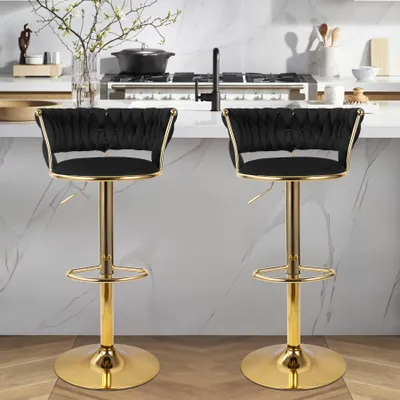 Produktbild von Hawthyhome Barhocker mit goldener Metallbasis(2er Set) Barstuhl mit Rückenlehne und Fußstütze höhenverstellbar drehbar Schwarz