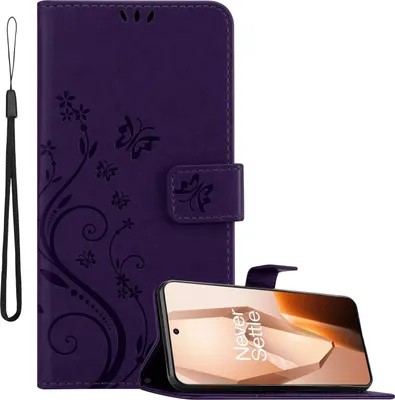 Produktbild von Cadorabo Hülle für OnePlus 13R Hülle in FLORAL DUNKEL LILA Schutzhülle im Blumen Design mit Magnetverschluss, Standfunktion und Kartenfächern Book Case Cover