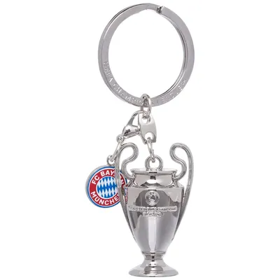 A silver trophy-shaped keychain with a small FC Bayern München logo charm.