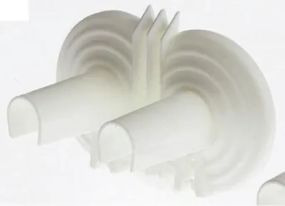 A white plastic double rosette for covering heating pipes.