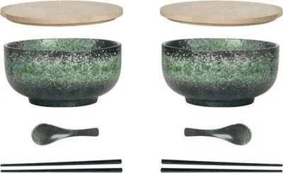 Produktbild von Famanu Keramische Ramenschalen Set - 4 Stück inklusive Löffel und Essstäbchen - 1100 ml - Grüne Schalen