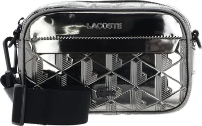 A studio shot of a silver and black Lacoste crossbody bag.