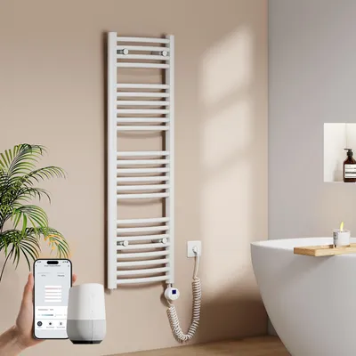 Produktbild von EMKE Badheizkörper Elektrisch gebogen Handtuchheizkörper 500W Wifi Steurung Intelligent Thermostat 120X40cm Weiß Handtuchwärmer
