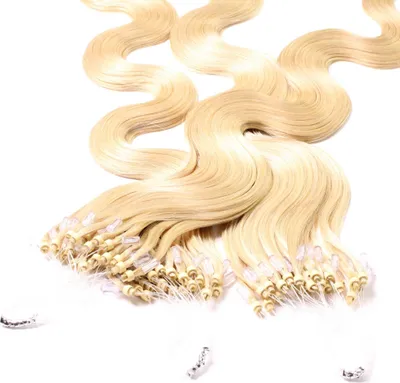 Produktbild von hair2heart Microring Extensions Echthaar gewellt 9/0 Lichtblond - 25 Strähnen 0.5g 50cm, Echthaar Extensions für dauerhafte Haarverlängerung