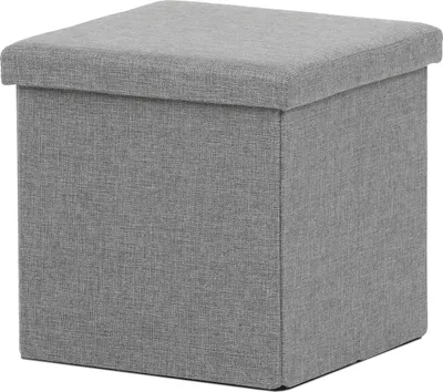A gray fabric ottoman is shown against a white background.