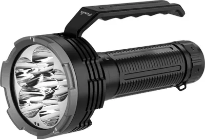 A studio shot of a large, black flashlight with a silver bezel and a black handle.