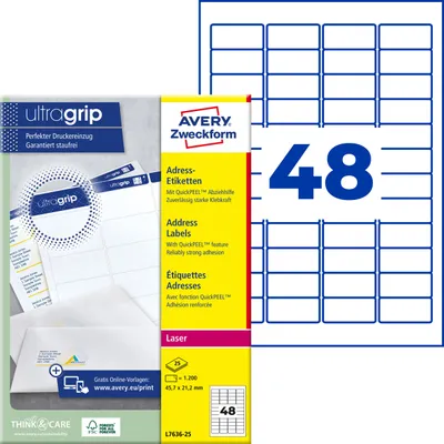 Produktbild von Avery Zweckform L7636-25, Adress-Etiketten, A4, Qualitätsdruck mit: ultragrip, 45,7 x 21,2 mm, 1.200 Etiketten / 25 Bögen, weiß