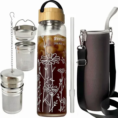 Image de bouteille en verre de 1 litre avec couvercle en bambou et housse, bouteille de thé avec passoire, motif floral