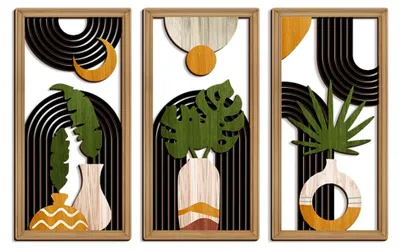 Produktbild von Set aus 3 Boho Wanddekorationen aus Holz mit Haken für moderne Wandskulpturen - 40 x 20 x 0,5 cm