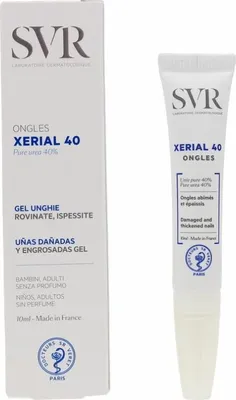 A product box and tube of SVR Xerial 40 nail treatment gel are shown side-by-side against a white background.