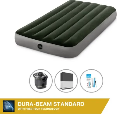Produktbild von Intex Luftbett - 1 Person - 99 x 191 x 25 cm - Grün - Mit Pumpe + Spannbettlaken Schwarz + Reperaturset