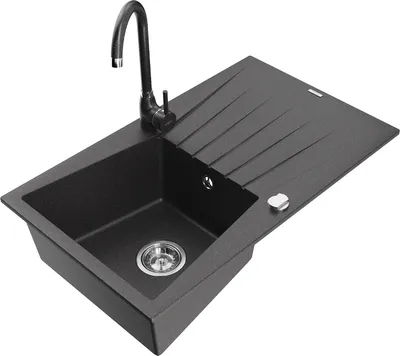 Produktbild von Mexen Cesar 1 Becken-Granitspüle mit Abtropffläche und Mischbatterie Telma, Schwarz gesprenkelt - 6514-76-670200-76