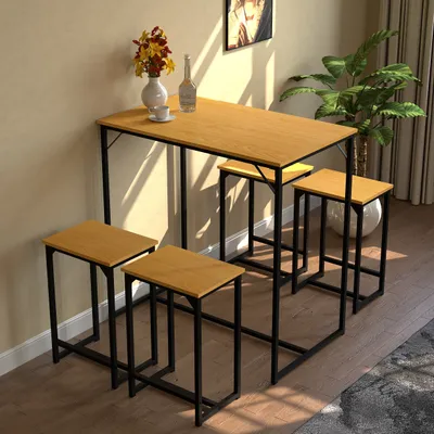 Produktbild von WAOHO Esstisch mit 4 stühlen，Stahlgestell, Stehtisch mit 4 Stühlen, Essgruppe, Esszimmer-Set，Bartisch mit Barhocker Set,kueche, esszimmer, Wohnzimmer