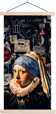 Produktbild von MuchoWow® Textilposter Das Mädchen mit dem Perlenohrring - Tätowierung - Vermeer 60x120 cm mit holzfarbenen Rahmen - Holz