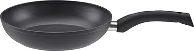 A black frying pan with a black handle is shown against a white background.