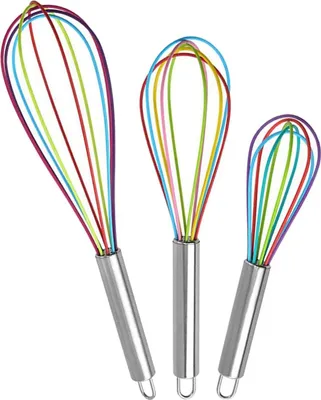Produktbild von Schneebesen Silikon, 3-teiliger Küchen-Schneebesen mit Edelstahlgriff, Schneebesen, kleines Schneebesen-Set zum Mixen, Verquirlen, Aufschlagen, Aufschäumen und Rühren