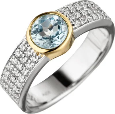 Produktbild von Gr. 54 Damen Ring 925 Silber bicolor vergoldet 1 Blautopas hellblau blau mit Zirkonia