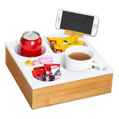 Produktbild von Couchbar Snackbox mit Handyhalter,Sofatablett Bambus mit Getränkehalter, drehbar,25x25x8 cm weiß Servierbrett
