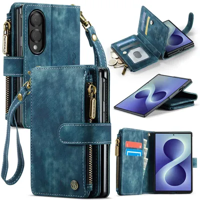 Obrázek produktu pro Kůže pouzdro pro Samsung Galaxy Z Fold 8,PolyuretanKožené Pouzdro na Zip, Magnetické Uzavírání, Kapsa na Karty, Stojánek, Peněženka pouzdro modré
