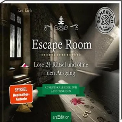 The cover of a book titled 'Escape Room' with promotional text and badges.