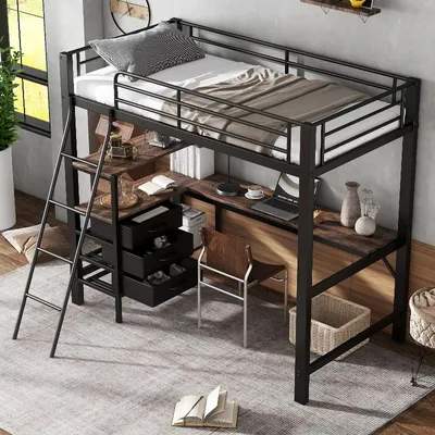 Obrázok produktu pre Poschodová posteľ 90x200 cm, čierna/tmavohnedá, vyrobená z kovu a drevotriesky, s 3 zásuvkami a pracovným stolom o rozmeroch 2 metre, určená do spálne