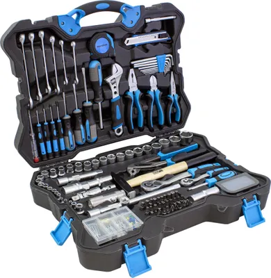 A black tool case filled with various tools, including wrenches, screwdrivers, pliers, and sockets.