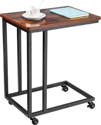 Produktbild von C-Tisch, C-förmiger Sofa-Beistelltisch mit Metallgestell und Rollen, tragbarer C-förmiger Beistelltisch für Wohnzimmer, Schlafzimmer und Büro, 50 x 35 x 60 cm, Laptop-Beistelltische, braun und schwarz